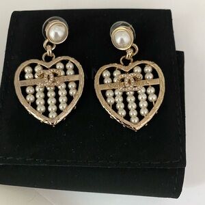 Chanel Pearl Heart Earrings Gold Tone